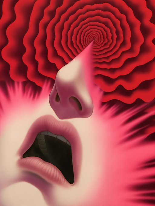 A surreal, distorted digital artwork showing a close-up of a nose and open mouth against a swirling red rose-patterned background with pink radial burst effects.