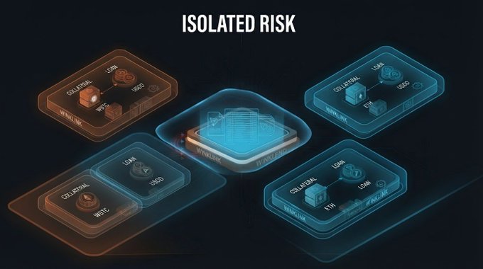 A digital infographic titled 'ISOLATED RISK' showing a central platform connected to four modules labeled with loan, collateral, and USD/USDT values, with some modules appearing in red (at risk) and others in blue (healthy).