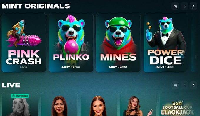 A screenshot of an online gambling website showing 'MINT ORIGINALS' games including 'PINK CRASH', 'PLINKO', 'MINES', and 'POWER DICE', all branded with 'MINT x ABAKA', and a 'LIVE' section featuring live dealers below.