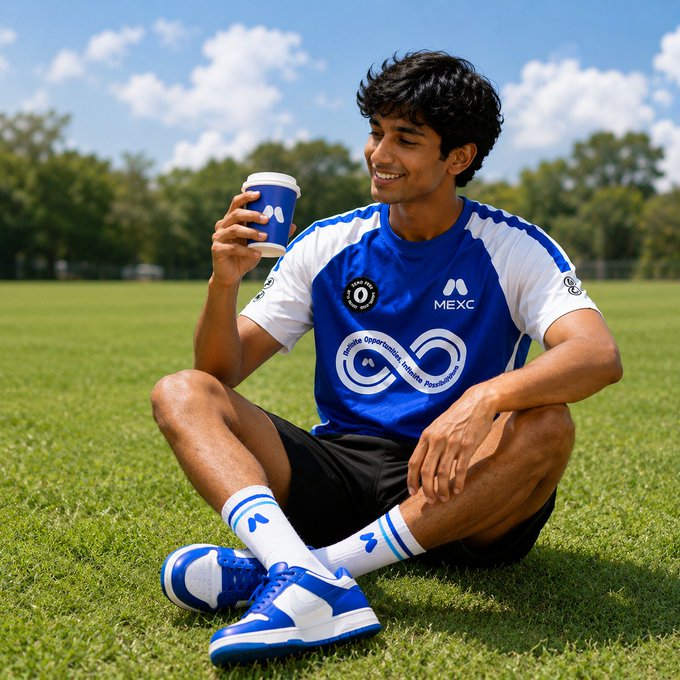 A young man in a blue and white "MEXC" branded jersey sits on a grassy field holding a paper coffee cup, smiling as he looks off to the side. The image captures a relaxed, pre-game vibe—pairing perfectly with the "Coffee before kickoff?" question while hinting at a similar energy traders might feel reviewing charts before market open.