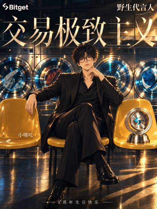 A Bitget promotional poster featuring '交易极致主义' (Trading Extremism) with a young man in black attire and glasses sitting in a futuristic laundromat setting, branded as '野生代言人' with text reading '小哪吒' and '8th Anniversary Happy Birthday'.