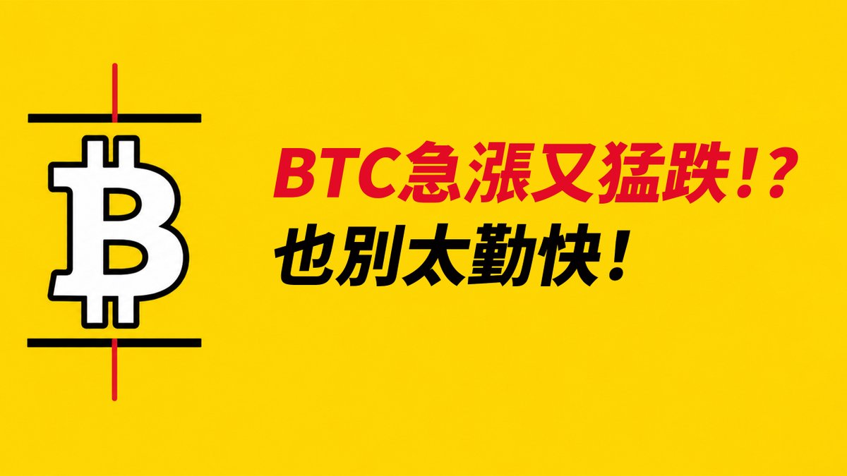 A yellow thumbnail-style image with a Bitcoin logo and Chinese text that translates to 'BTC sudden surge and sharp drop!? Don't be too diligent!'