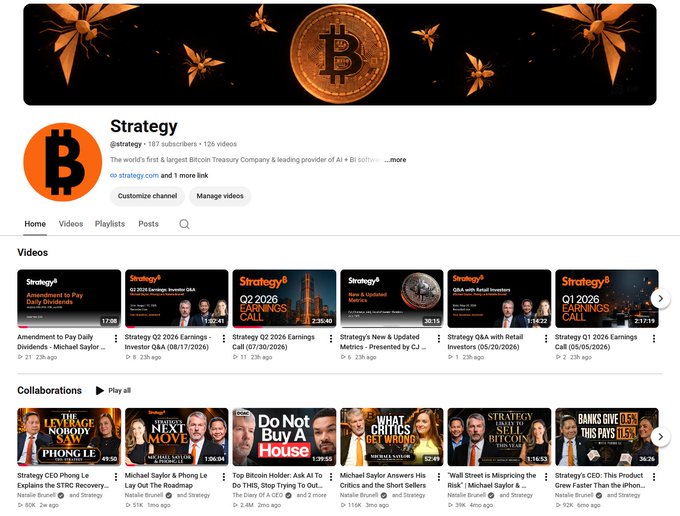 A YouTube channel page for "Strategy" (@strategy), the world's first & largest Bitcoin Treasury Company, displaying their video collection including Q1 2026 Earnings Calls, investor Q&As, and collaborations featuring Michael Saylor and Phong Le, as highlighted in the announcement about consolidating all Bitcoin content on the dedicated channel.
