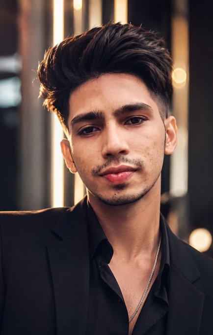 A young man with dark styled hair wearing a black suit jacket and shirt, posing against a blurred background with bokeh light effects.