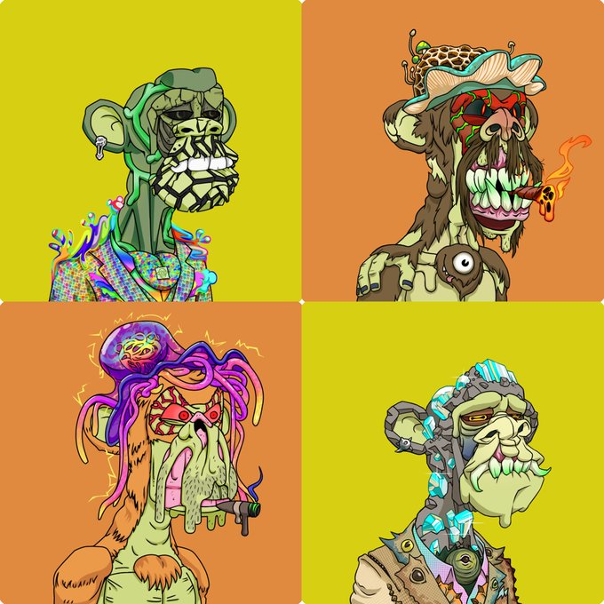 The image features four cartoon-style anthropomorphic animals, each with unique facial expressions and costumes. They are arranged in a square formation against an orange background. The caption "mutant ape yacht club" suggests that these characters might be part of a group or organization related to yachting or sailing adventures.