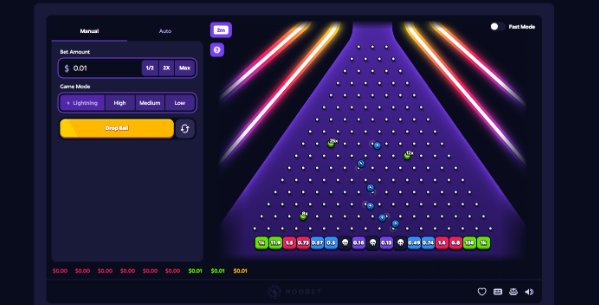 A digital Plinko-style game board showing colorful balls dropping through a peg field with multipliers ranging from 1.16x to 1,000x, with the bet amount set at $0.01 on Lightning mode. The image captures the moment of casual gameplay described in the post, where the user is watching the balls bounce down the board while waiting for their laundry.