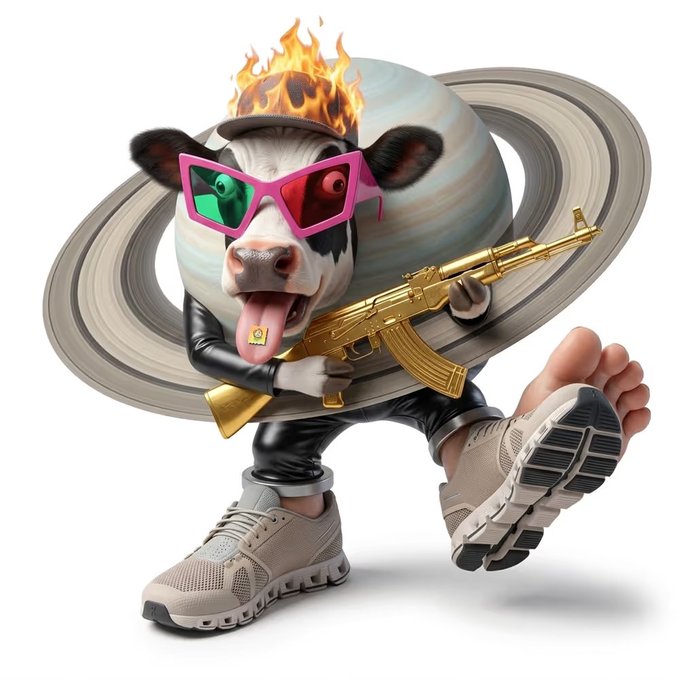 A surreal 3D character of a cow wearing pink sunglasses, a flaming cap, and sneakers, holding a golden rifle while posed in front of the planet Saturn. The image captures the chaotic, high-energy aesthetic associated with the "@brainrotproject" mention.