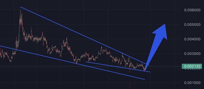 A cryptocurrency price chart for $LMAO displays a downward channel pattern with blue trendlines containing the price action, while a large blue arrow points upward suggesting a potential breakout from the consolidation near the 0.002133 level toward 0.006000.