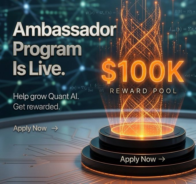 The image features an advertisement for an asset management program, with an animated orange bubble representing the reward pool at $100,000. The text below explains that users can apply now to grow quartet AI's reward pool, but must learn complex dashboards before taking action.