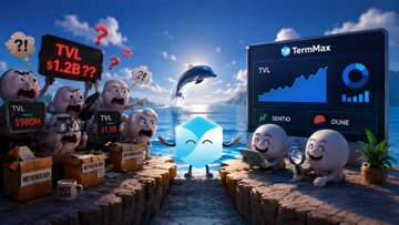 A cartoon illustration depicting a Terminax coin character facing panicked TVL value creatures on a sinking dock, with a chart showing declining TVL metrics and labels including 'TVL $1.2B??', '$980M', '$130', and 'TermMax'.