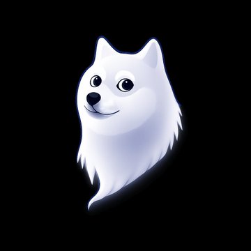 A stylized white Shiba Doge ghost with a friendly smile floats against a black background. The image relates to the post by representing the playful, meme-like spirit of the Dogecoin/Doginals community amid wallet support changes.