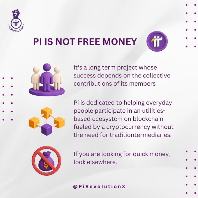 An infographic from "PI REVOLUTION" titled "PI IS NOT FREE MONEY" outlines that Pi is a long-term project focused on utility-based blockchain participation and not for quick profits, tagged @PiRevolutionX.