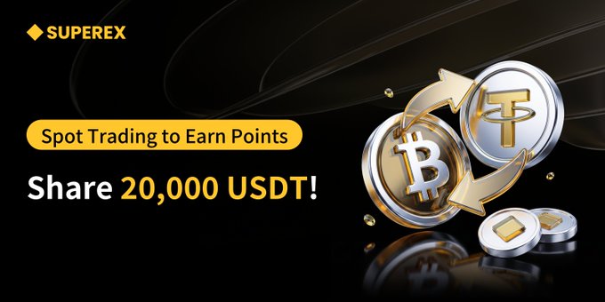 A SuperEx promotional banner featuring a black background with gold and silver 3D-rendered Bitcoin and Tether coins surrounded by rotating arrows, advertising their "Spot Trading to Earn Points" campaign with a "Share 20,000 USDT!" prize pool. The visual elements of the prominent BTC and USDT coins directly support the post's call to action for users to trade these specific spot tokens to earn points and qualify for the USDT rewards.