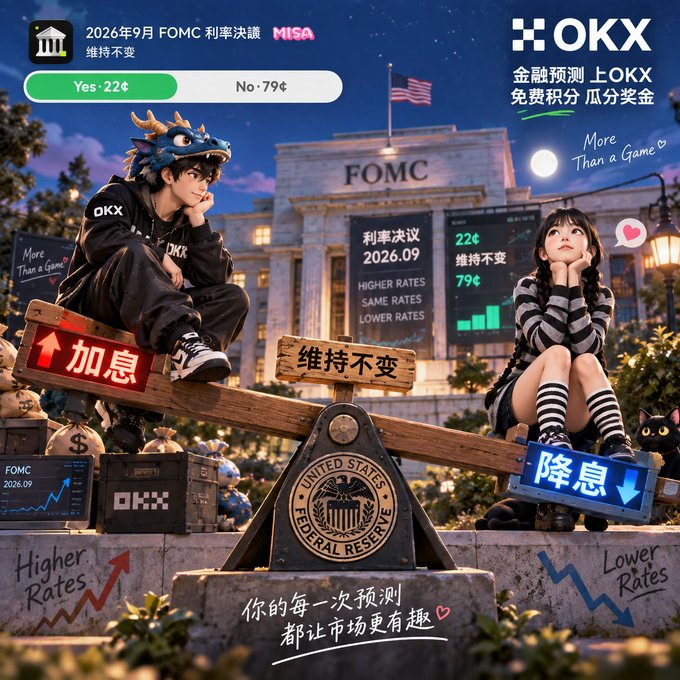 A promotional graphic for OKX featuring anime-style characters sitting on a seesaw labeled with Chinese text (加息, 维持不变, 降息) in front of a Federal Reserve-style building, showing a FOMC interest rate prediction for 2026.09.