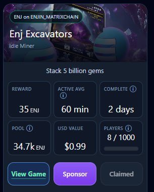 The image shows a quest card for the Enjin Matrixchain's "Enji Excavators" idle mining game, offering a 35 ENJ reward (worth $0.99) to the first 1,000 players who stake 5 billion gems, with 60 minutes of active average play required. The "Claimed" button suggests the reward is no longer available, aligning with the post promoting more quests for the excavator game.