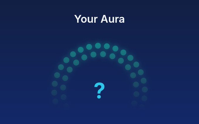A minimalist dark blue screen displaying the text 'Your Aura' above a circular progress meter made of teal dots with a large question mark in the center.