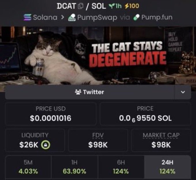A screenshot of a crypto token page for 'DCAT' (DCAT/SOL) on Solana via PumpSwap, featuring an image of a cat with the text 'THE CAT STAYS DEGENERATE', showing a price of $0.0001016 and market cap of $98K.