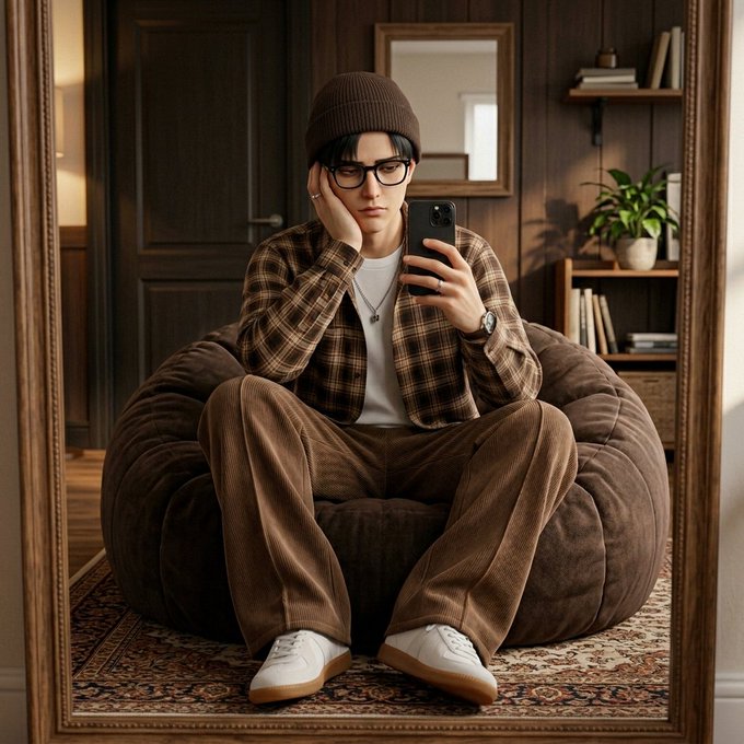 A young man in a brown beanie, plaid shirt, and corduroy pants takes a mirror selfie while lounging on a bean bag, capturing a cozy, reflective "end of the week" vibe. The image pairs perfectly with the caption, as his relaxed posture and quiet moment of rest mirror the post's message of gratitude, reflection, and recharging after a meaningful week.