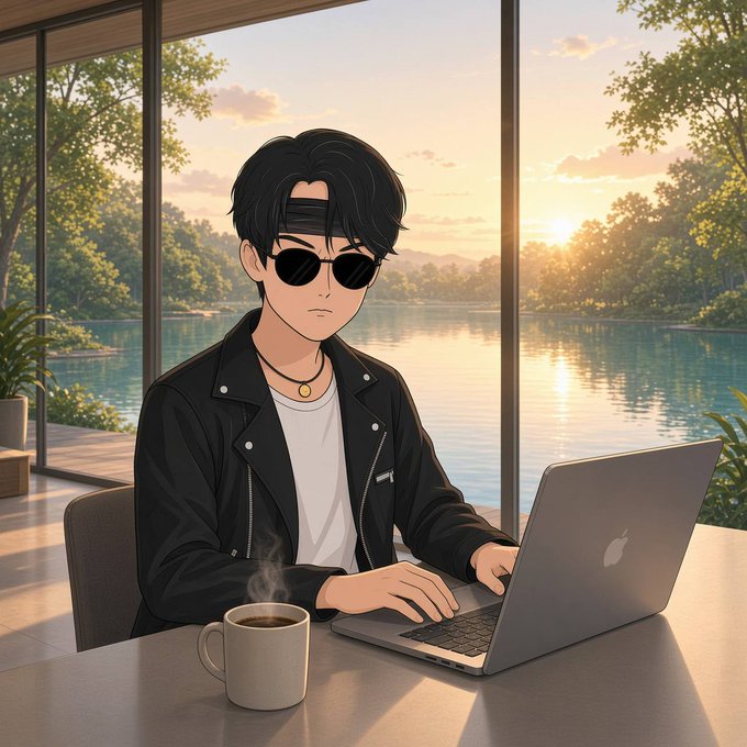 An anime-style illustration shows a young man with black hair and sunglasses wearing a black leather jacket while working on a laptop, with a steaming coffee mug beside him against a scenic lakeside backdrop at sunset.