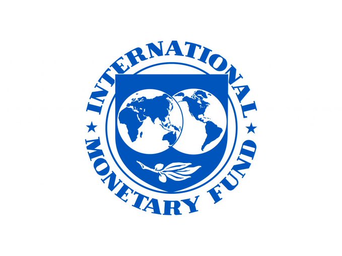 The image shows the blue circular logo of the International Monetary Fund (IMF), featuring two overlapping globes and an olive branch within a shield, surrounded by the text "INTERNATIONAL MONETARY FUND." The logo relates to the post as it represents the institution issuing the warning about dollar stablecoins potentially triggering bank-style currency runs during crises.