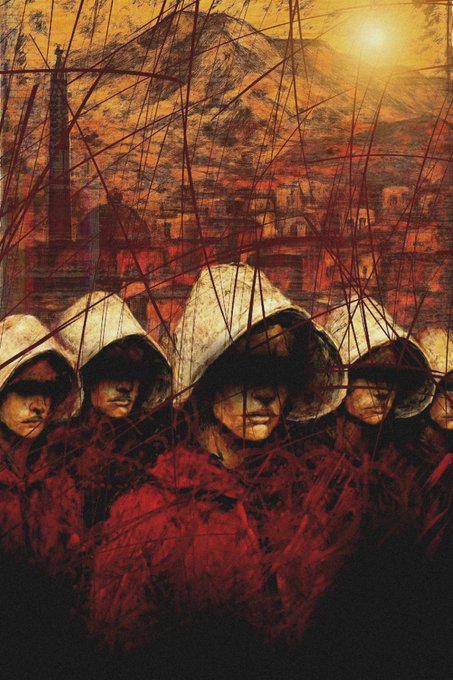 A dark, moody artistic illustration depicts hooded figures in red robes standing beneath a blood-red sky with the sun and silhouetted city structures in the background.