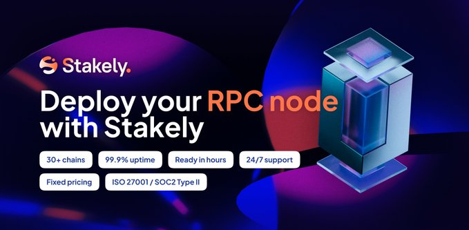 An advertisement for 'Stakely' promoting RPC node deployment services, highlighting features like '30+ chains', '99.9% uptime', and '24/7 support' next to a 3D graphic of a server.