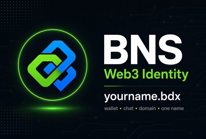 A digital advertisement for 'BNS Web3 Identity' features a green and blue chain-link logo alongside the text 'yourname.bdx' and service offerings like wallet, chat, and domain.