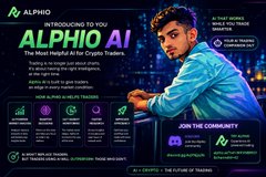 The image features a man wearing a blue shirt, leaning against a railing with his hands on his hips. The background of the image is dark, making him stand out prominently. There are several text elements within the image that provide information about Alphio AI. One such element reads "Introducing to you Alphio AI", while another says "The most helpful AI for crypto traders". A third text mentions how Alphio AI works and provides examples of tasks it can perform, such as monitoring whale activity on ETH. The man in the image appears to be a part of this informational post about Alphio AI.