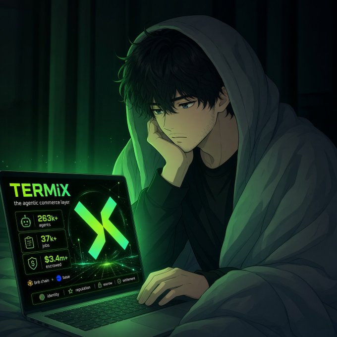 A hooded figure rests his chin on his hand while gazing at a laptop screen displaying "TERMix - the agentic commerce layer" alongside metrics showing 263K+ agents, 37K+ jobs, and $3.4M+ escrowed, with a prominent green "X" logo. The image visually embodies the post's message about the unsolved challenge of agent-to-agent transactions—reflecting the contemplative, trust-focused nature of building infrastructure where autonomous agents can securely transact without meeting or shaking hands.