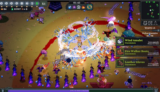 A screenshot from a video game showing a character fighting waves of enemies, with a menu displaying 'Wind Amulet', 'Fire Walker Boots', and 'Leather Gloves' on Wave 13.