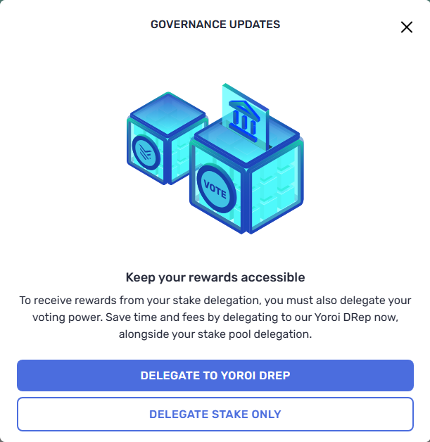 The image shows a screenshot of a government update page, with a focus on the Governance Updates section. The main content of the image includes a message that reads "Governance updates" and an explanation about how to keep your rewards accessible by receiving rewards from your stake allocation. There is also a link provided in the image for more information or instructions related to stake allocation.