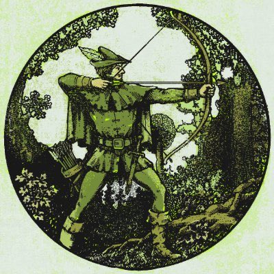 A vintage green-toned circular illustration of Robin Hood drawing a bow and arrow in a forest setting, wearing his characteristic feathered cap and tunic with a quiver on his hip.