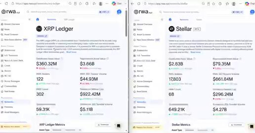 The image shows two computer screens side by side, displaying information about XRPL and Stellar tokens. The screen on the left displays a list of token prices for XRPL, while the right screen shows a similar list of token prices for Stellar. Both screens show that the early institutional weight is settling in favor of XRPL. This suggests that the market sentiment towards XRPL has been more favorable than that of Stellar at this time. The image provides context about the current state of the cryptocurrency markets and how they are performing relative to each other.