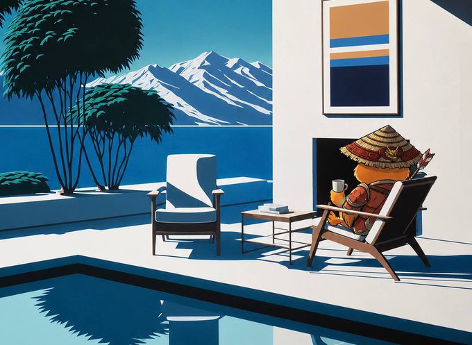 A bear wearing a straw sunhat relaxes on a lounge chair by a poolside, reading a book and holding a drink, with snow-capped mountains and a serene blue landscape in the background. The laid-back scene perfectly captures a sunny, leisurely vibe—matching the "gm" greeting's playful invitation to enjoy the day.