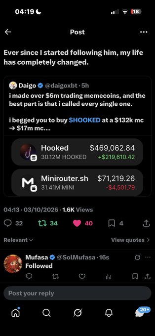 A screenshot of a social media post from Daigo (@daigoxbt) claiming he made over $6m trading memecoins, showcasing gains from 'Hooked' ($469,062.84) and losses from 'Minirouter.sh' ($71,219.26).