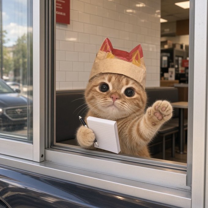 An orange tabby cat wearing a McDonald's paper crown, holding a notepad and pen, appearing to take orders at a drive-thru window.