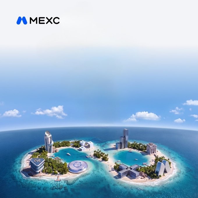A promotional banner featuring the MEXC logo in the top left corner, set against a stylized island shaped like the letter 'M' surrounded by ocean.
