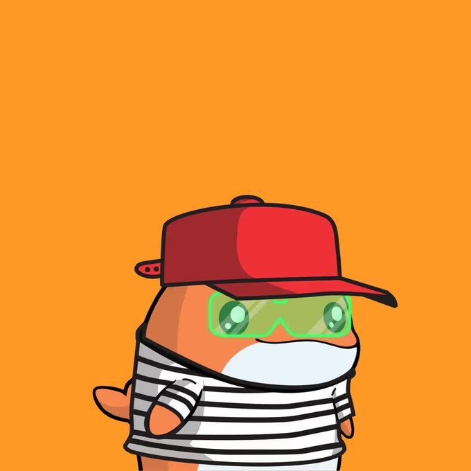 A cartoon orange fish character wearing a red backwards cap, green sunglasses, and a black-and-white striped shirt against an orange background.