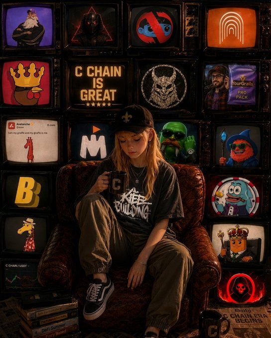 A stylized illustration of a young woman with blonde hair wearing a 'KEEP BUILDING' shirt and cap, sitting in a leather chair surrounded by a wall of retro TVs displaying crypto and pop culture graphics including 'C CHAIN IS GREAT' and 'M'.
