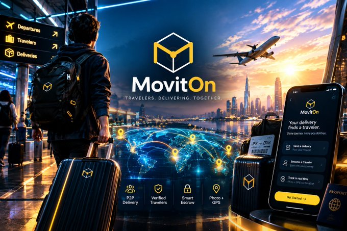 A promotional image for 'MovitOn' shows a traveler with luggage near a city skyline and airplane, featuring a smartphone app interface and text like 'TRAVELERS. DELIVERING. TOGETHER.', 'P2P Delivery', and 'Get Started'.