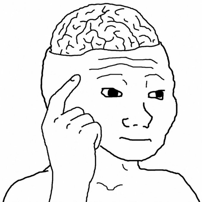 A line-drawn wojak meme depicting a figure pointing to his exposed brain with a calm smile, symbolizing the "brainlet" or "galaxy brain" internet meme.