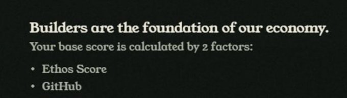 A text slide stating 'Builders are the foundation of our economy. Your base score is calculated by 2 factors: Ethos Score, GitHub'.