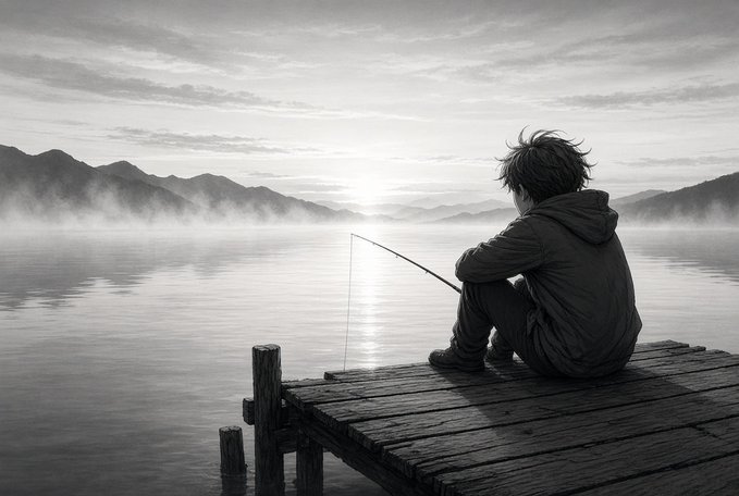 A solitary fisherman sits on a weathered wooden dock, gazing across a still mist-covered lake toward distant mountains, casting his line into the calm waters at dawn.

The image perfectly embodies "If you can wait, you can win," capturing the essence of patient perseverance—the lone angler waiting quietly for his catch, mirroring the discipline of enduring through stillness to ultimately succeed.