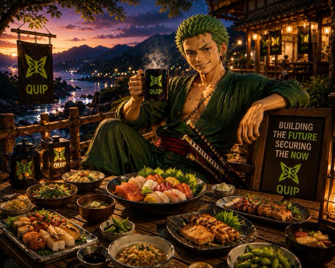 A green-haired anime character enjoys a lavish sushi and sashimi spread at sunset while holding a steaming cup branded with the "QUIP" logo, alongside signage reading "BUILDING THE FUTURE SECURING THE NOW" — visually tying the cozy nighttime scene to the post's "Good Night Guys" farewell while waiting for the @quipnetwork TGE.