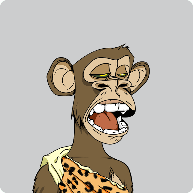 A cartoon monkey with an open mouth and a leopard-print garment on a gray background.
