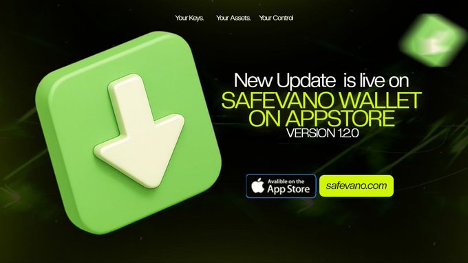 A promotional graphic for Safevano Wallet v1.2.0 features a large green download icon on a dark background, with text announcing the new update is live on the App Store, highlighting improved performance, swap, bridge, and Arc Testnet integration.