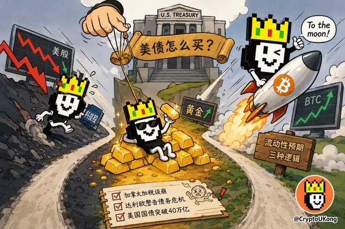 A crypto-themed cartoon illustration by @CryptoUKong depicting Bitcoin-themed characters in front of the U.S. Treasury building, with Chinese text asking '美债怎么买？' (How to buy U.S. Treasuries?), showing one character on gold bars with a crown, another falling with a US stock chart, and one riding a rocket labeled 'BTC' saying 'To the moon!'.