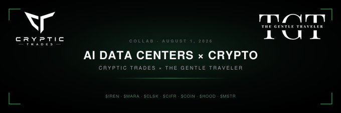 The image is a promotional banner for a collaboration between Cryptic Trades and The Gentle Traveler dated August 1, 2026, titled "AI Data Centers x Crypto." It lists tickers ($IREN, $SMARA, $CLSK, $CIFR, $COIN, $HOOD, $MSTR) at the bottom, connecting to the post's announcement about diving deeper into AI and crypto names like $IREN, $CIFR, $COIN, and $CLSK.