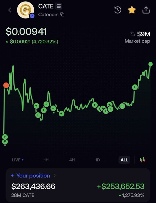 A mobile trading app screen displaying the price chart for CATE (Catecoin) with a current price of $0.00941 and a position showing a profit of $253,652.53.