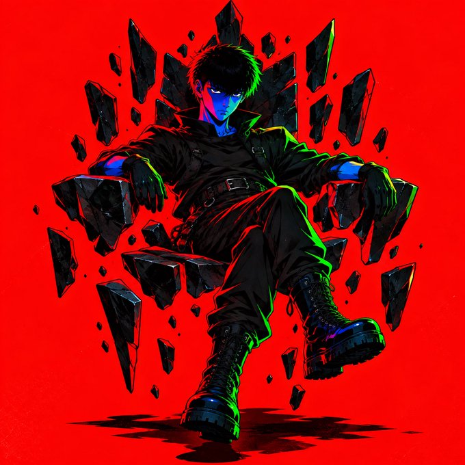 An anime-style illustration shows a dark-haired character in black clothing sitting amid floating shards against a bright red background.